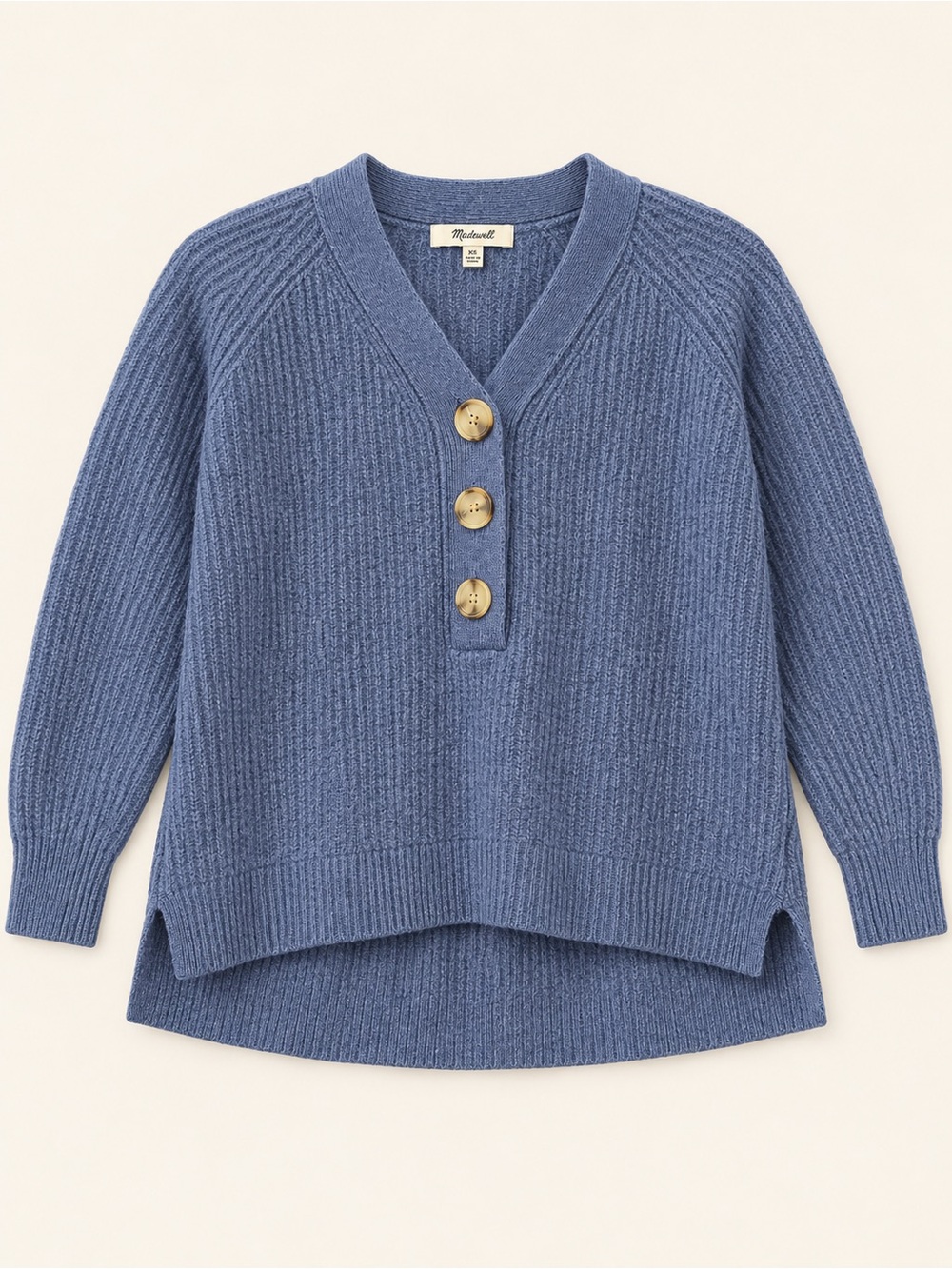 Madewell Blue Ribbed V-Neck Pullover with Button Placket